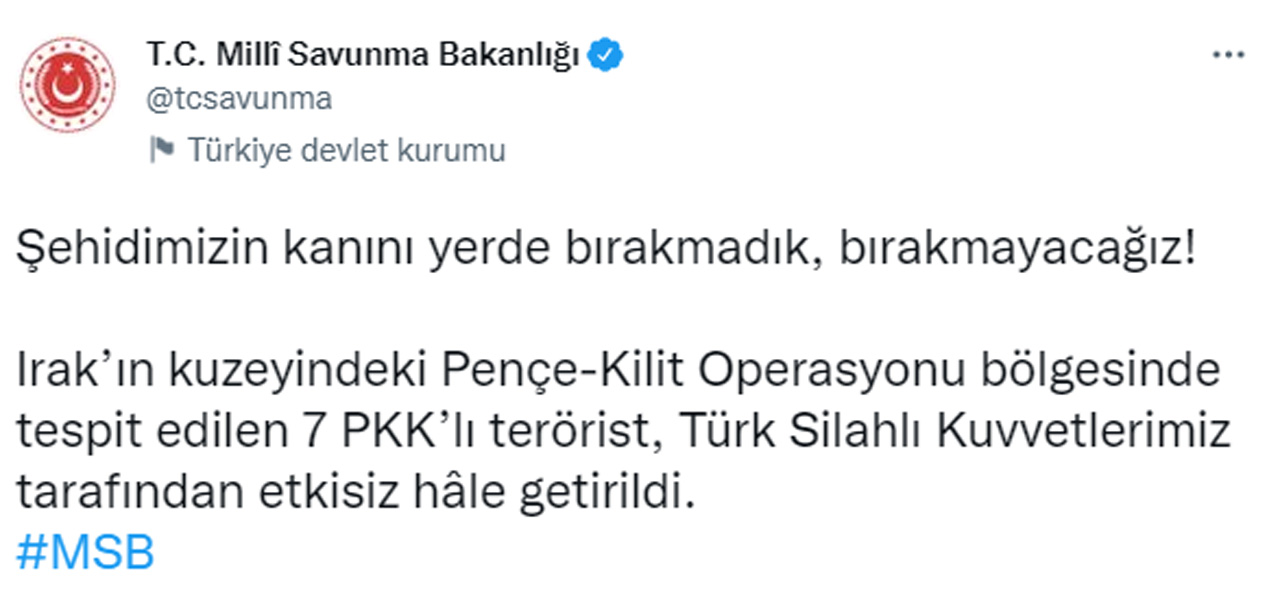 Son dakika! MSB duyurdu: 7 terörist etkisiz hale getirildi