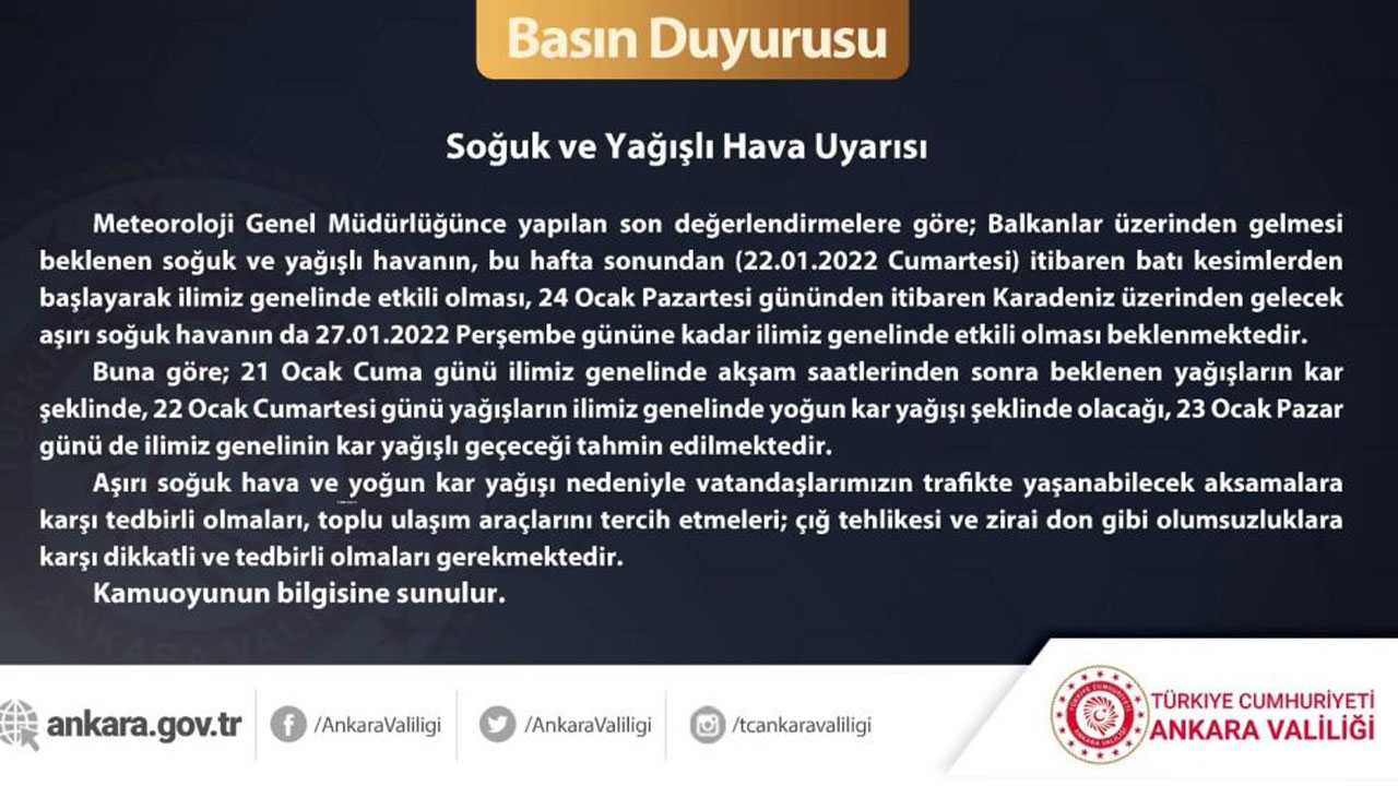 Ankara Valiliğinden soğuk ve kar yağışı uyarısı