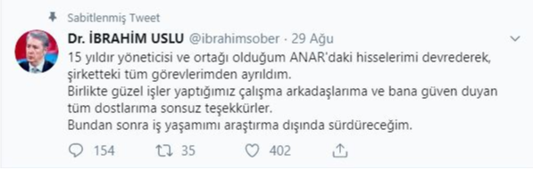 İbrahim Uslu ANAR'dan ayrıldı