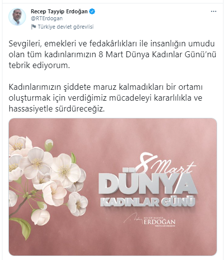 Cumhurbaşkanı Erdoğan'dan 8 Mart Dünya Kadınlar Günü mesajı