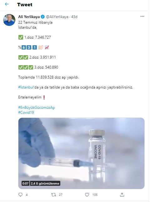 Vali Yerlikaya İstanbul'un aşılamadaki son durumunu paylaştı