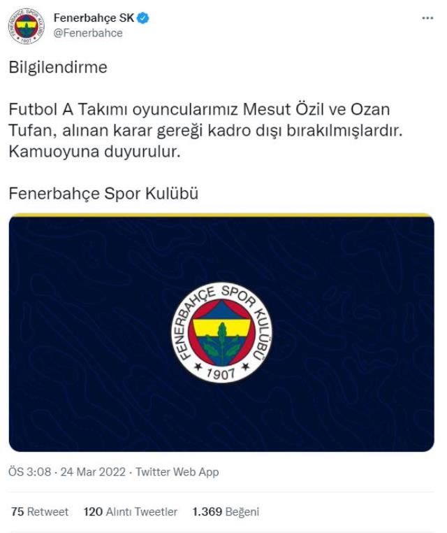 Fenerbahçe’de sürpriz gelişme! Mesut Özil ve Ozan Tufan kadro dışı bırakıldı
