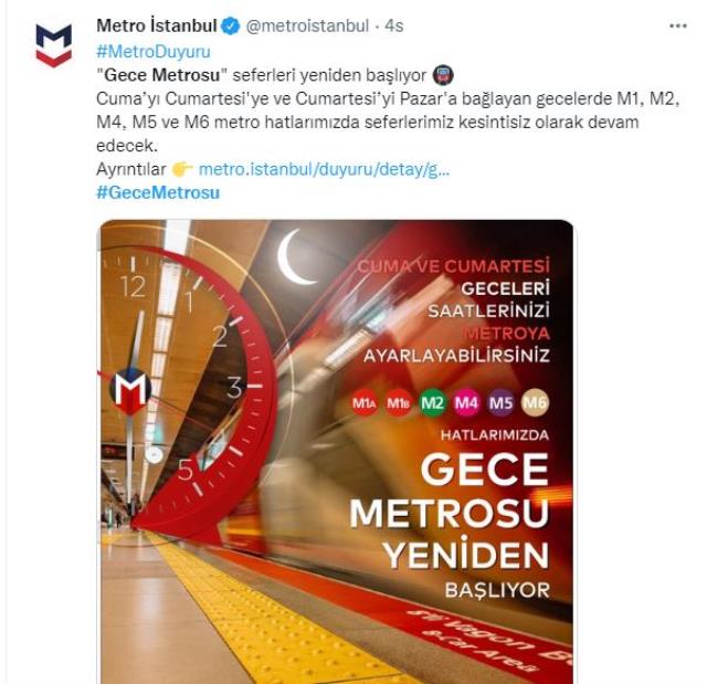 İstanbul’da ara verilen ‘Gece metro’ seferleri tekrardan hizmete açıldı! İşte uygulanan hatlar