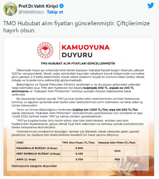 Son dakika: Bakan Kirişci duyurdu: Buğday ve arpa alım fiyatında değişiklik