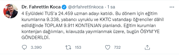 Bakan Koca'dan TUS kontenjan ve kılavuzuna ilişkin açıklama! ÖSYM'ye gönderildi Bakan Koca'dan TUS kontenjan ve kılavuzuna ilişkin açıklama! ÖSYM'ye gönderildi