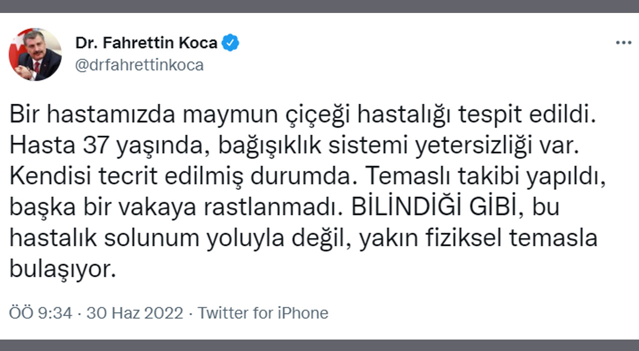 Bakan Koca açıkladı: Türkiye'de maymun çiçeği virüsü tespit edildi Bakan Koca açıkladı: Türkiye'de maymun çiçeği virüsü tespit edildi