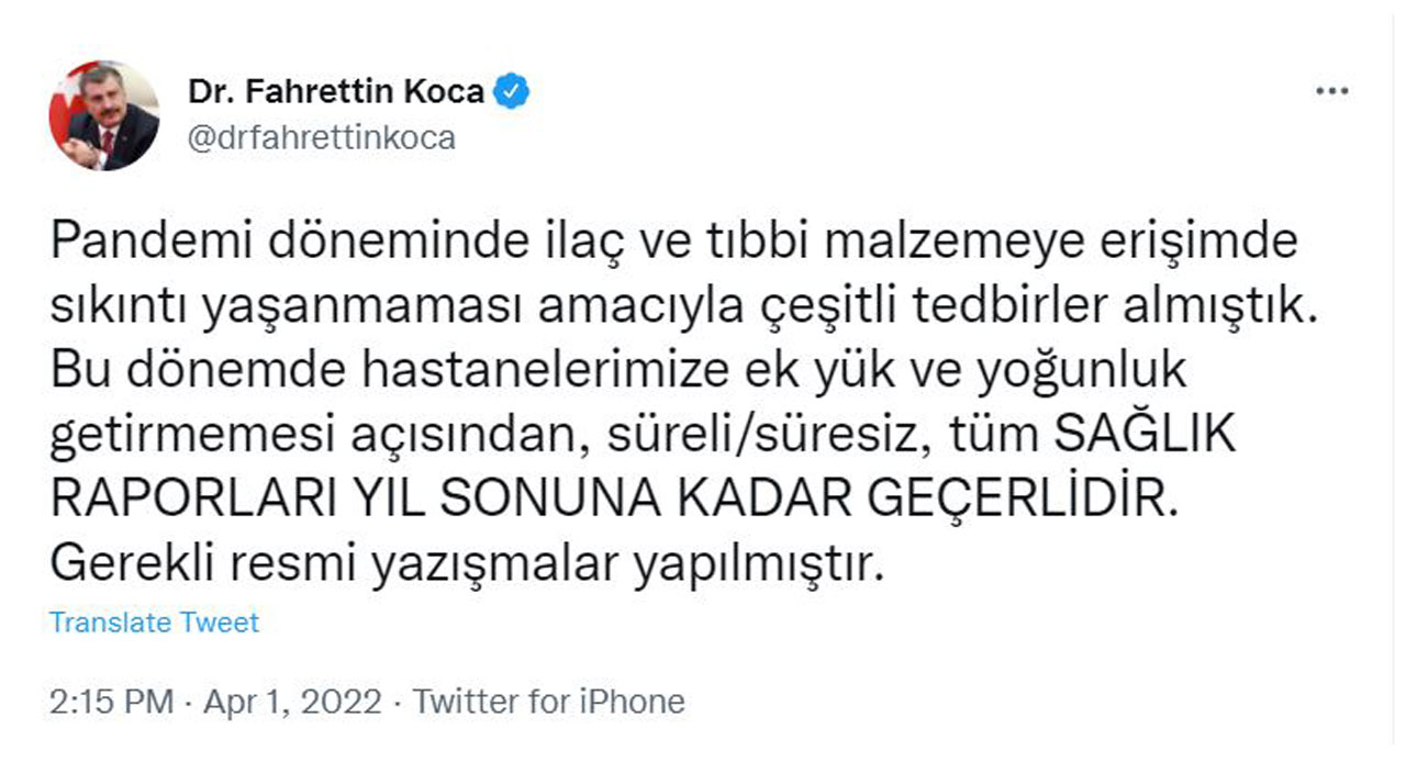 Sağlık Bakanı Koca: Sağlık raporları yıl sonuna kadar geçerli