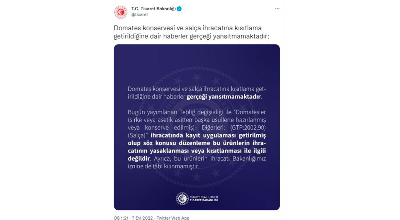 Ticaret Bakanlığı domates konservesi ve salça ihracatının 