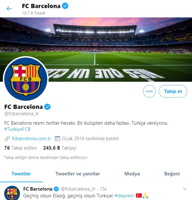 Barcelona'nın resmi hesabından Elazığ paylaşımı