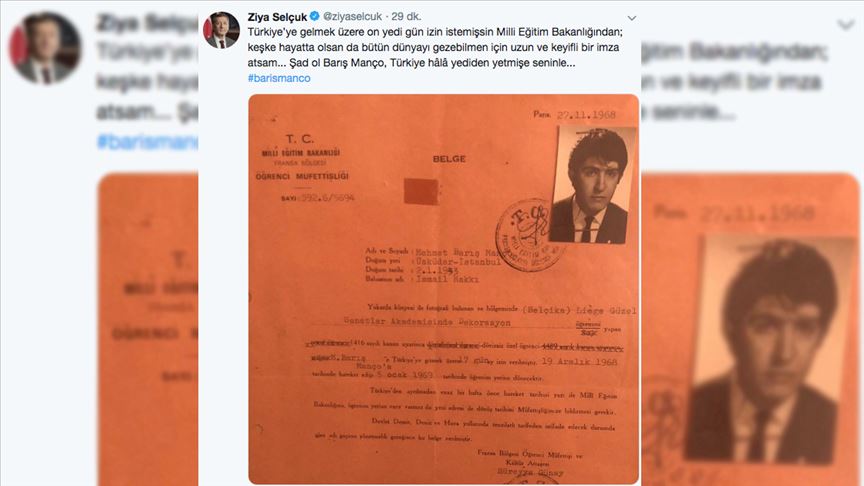 Bakan Ziya Selçuk'tan Barış Manço'nun doğum gününe özel paylaşım