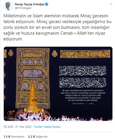 Cumhurbaşkanı Erdoğan'dan Miraç Gecesi mesajı