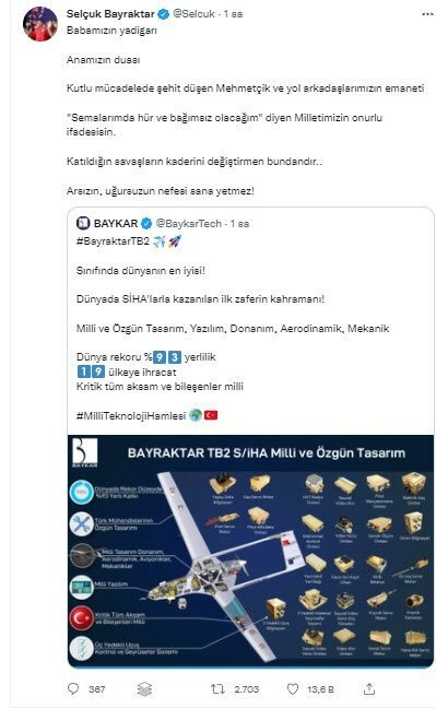 Selçuk Bayraktar’dan Bayraktar TB2 paylaşımı: Arsızın uğursuzun nefesi sana yetmez! Selçuk Bayraktar’dan Bayraktar TB2 paylaşımı: Arsızın uğursuzun nefesi sana yetmez!