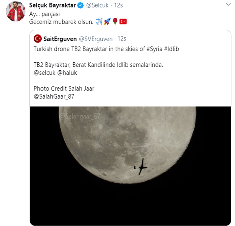 Bayraktar'dan İdlib semalarında dolunayla buluşan yerli İHA paylaşımı