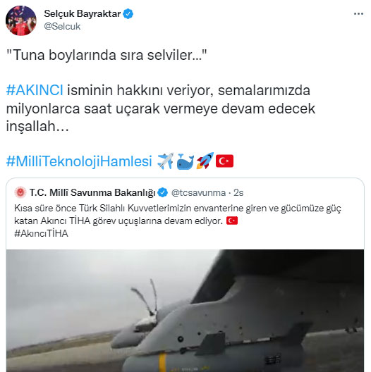Milli Savunma Bakanlığı ve Selçuk Bayraktar'dan Akıncı TİHA mesajı
