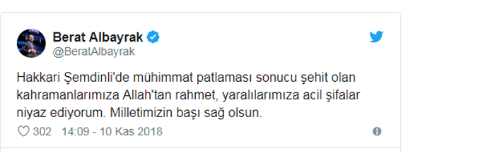 Berat Albayrak, Hakkari şehitleri için mesaj yayınladı