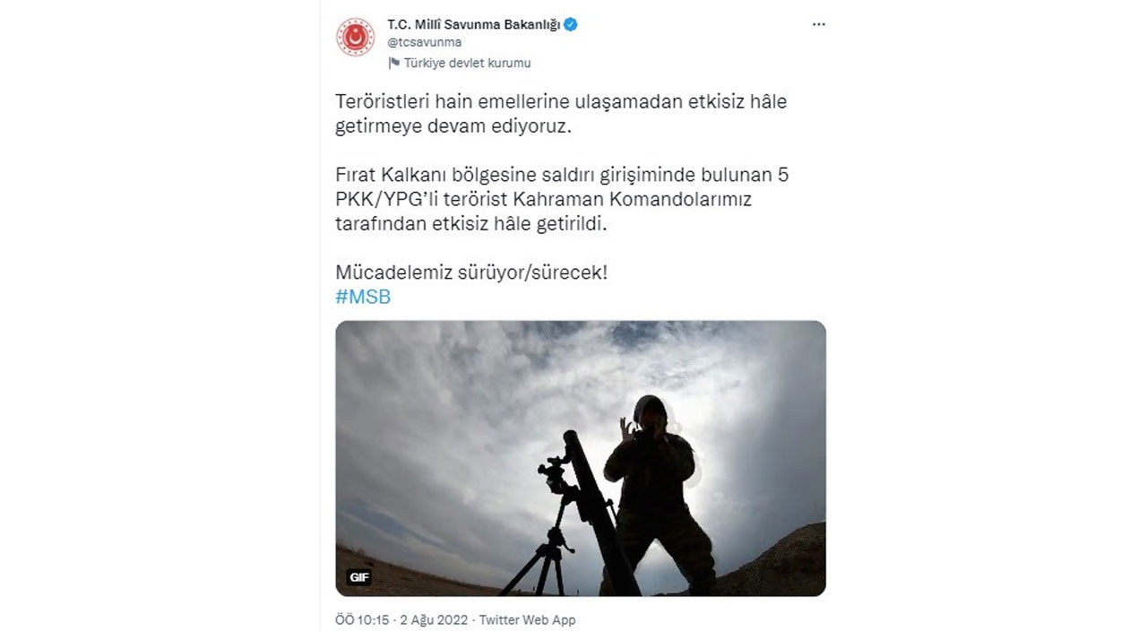 Fırat Kalkanı'nda PKK'ya darbe! 5 terörist etkisiz Fırat Kalkanı'nda PKK'ya darbe! 5 terörist etkisiz