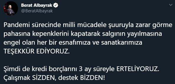 Bakan Albayrak'tan 'kredi ertelemesi' paylaşımı