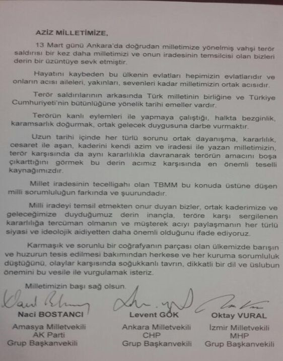 Üç partiden teröre karşı ortak deklarasyon