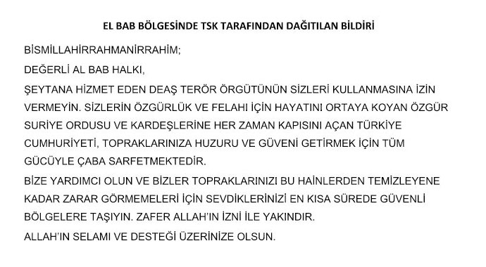 TSK'dan El Bab'daki sivil halka Arapça bildiri