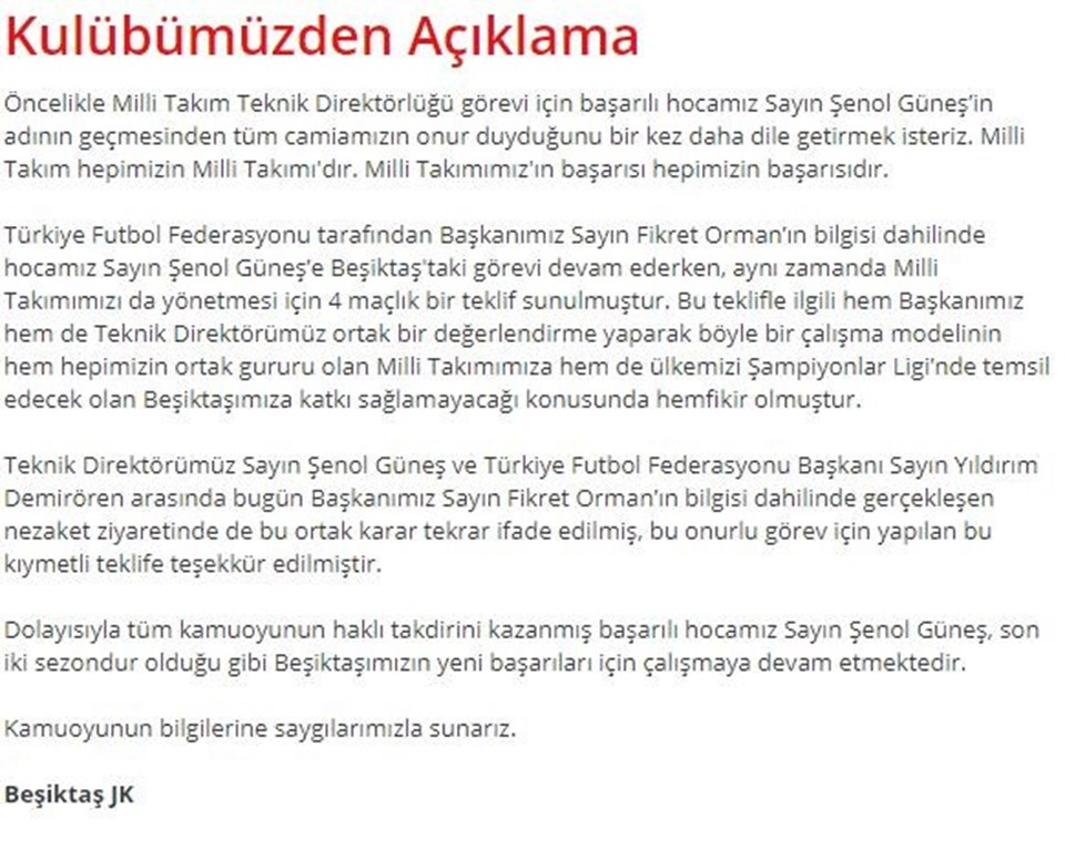 Beşiktaş'tan Şenol Güneş kararı