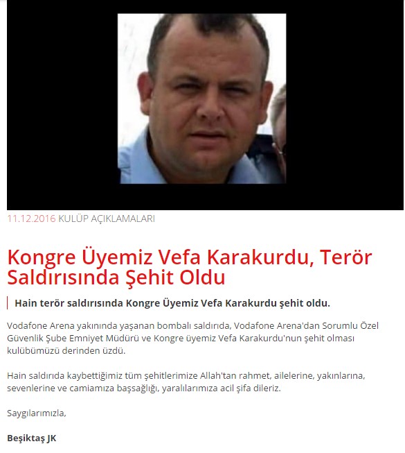 Beşiktaş'ın çalışanı ve stattan sorumlu polis şehit oldu