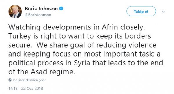 İngiliz Bakan'dan Afrin paylaşımı: Türkiye haklı