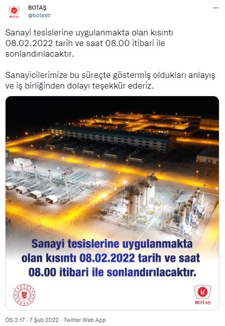 BOTAŞ duyurdu: Sanayide doğalgaz kısıtlaması kaldırılıyor