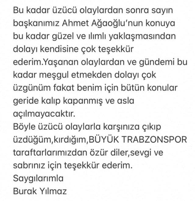 Burak Yılmaz Trabzonspor taraftarından özür diledi