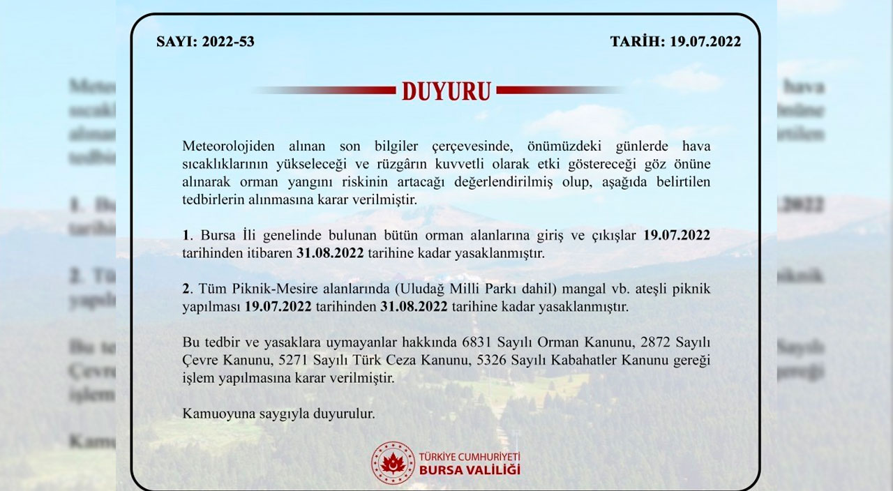 Bursa Valiliği duyurdu: Ağustos sonuna kadar ormanlara girişler yasaklandı