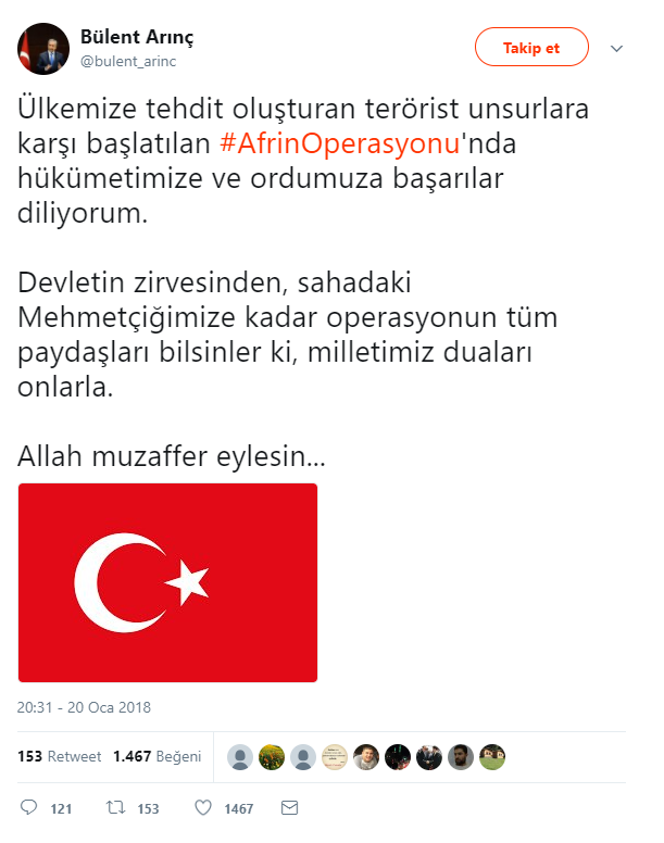Bülent Arınç'tan Afrin paylaşımı