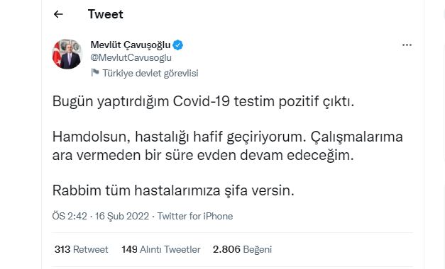Bakan Çavuşoğlu'nun koronavirüs testi pozitif çıktı