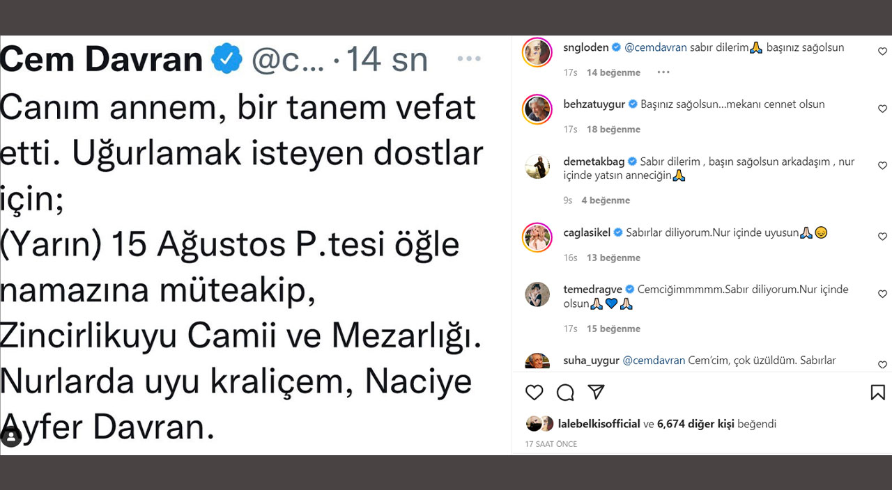 Oyuncu Cem Davran ‘Bir tanem vefat etti’ diyerek acı haberi paylaştı