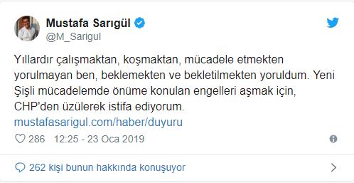 Mustafa Sarıgül CHP'den istifa etti (2019 yerel seçimlerde Şişli'den aday oluyor)
