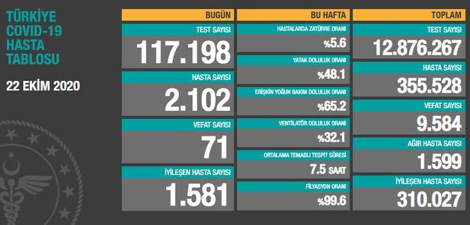 Türkiye'de Covid-19'dan bugün 71 kişi hayatını kaybetti
