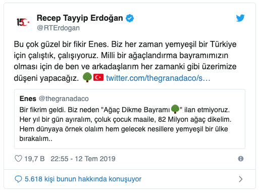 Cumhurbaşkanı Erdoğan'dan 'Ağaç Dikme Bayramı' önerisine destek