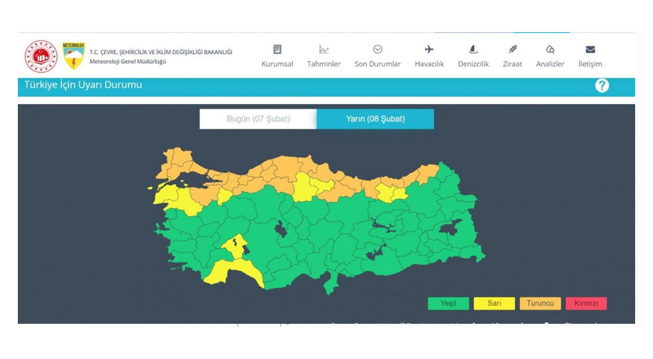 Meteorolojiden 55 ile sarı ve turuncu kodlu uyarı (8 Şubat 2022)