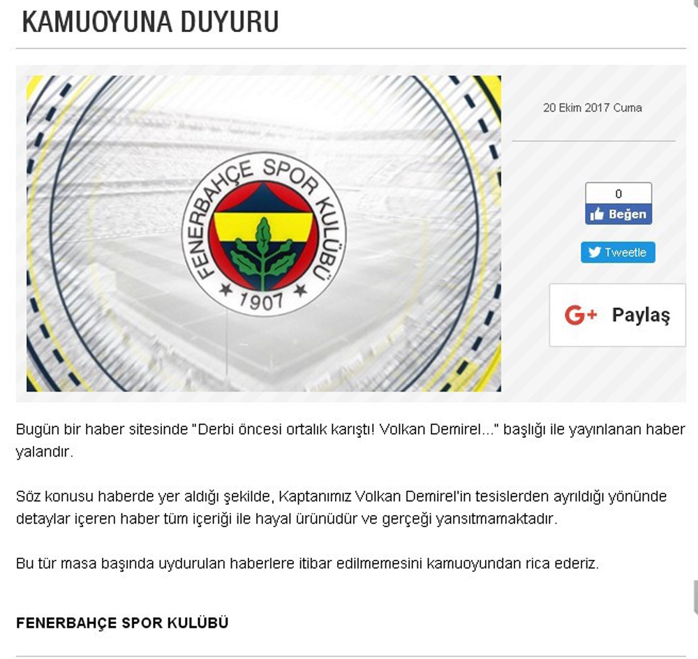 Fenerbahçe’den Volkan Demirel açıklaması