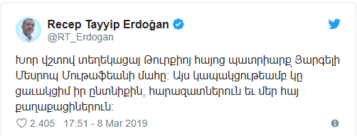 Cumhurbaşkanı Erdoğan'dan Mutafyan için Ermenice taziye mesajı