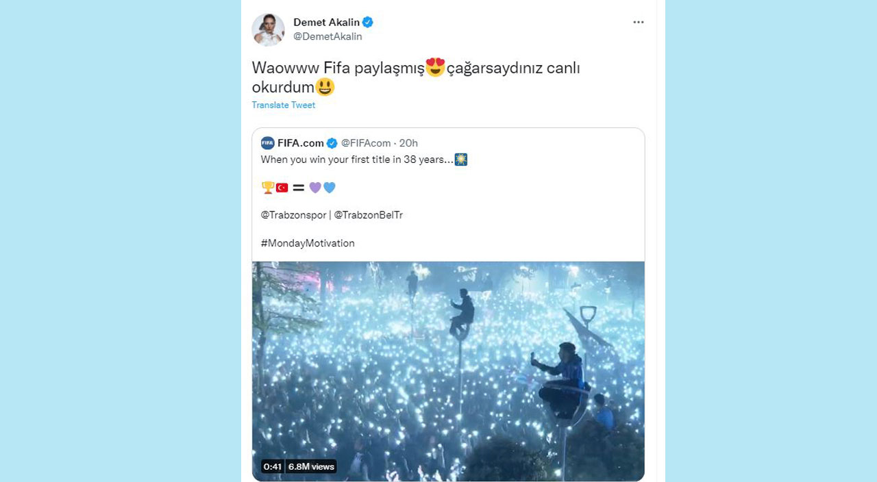 FIFA’nın Trabzonspor paylaşımına Demet Akalın’dan yorum gecikmedi FIFA’nın Trabzonspor paylaşımına Demet Akalın’dan yorum gecikmedi