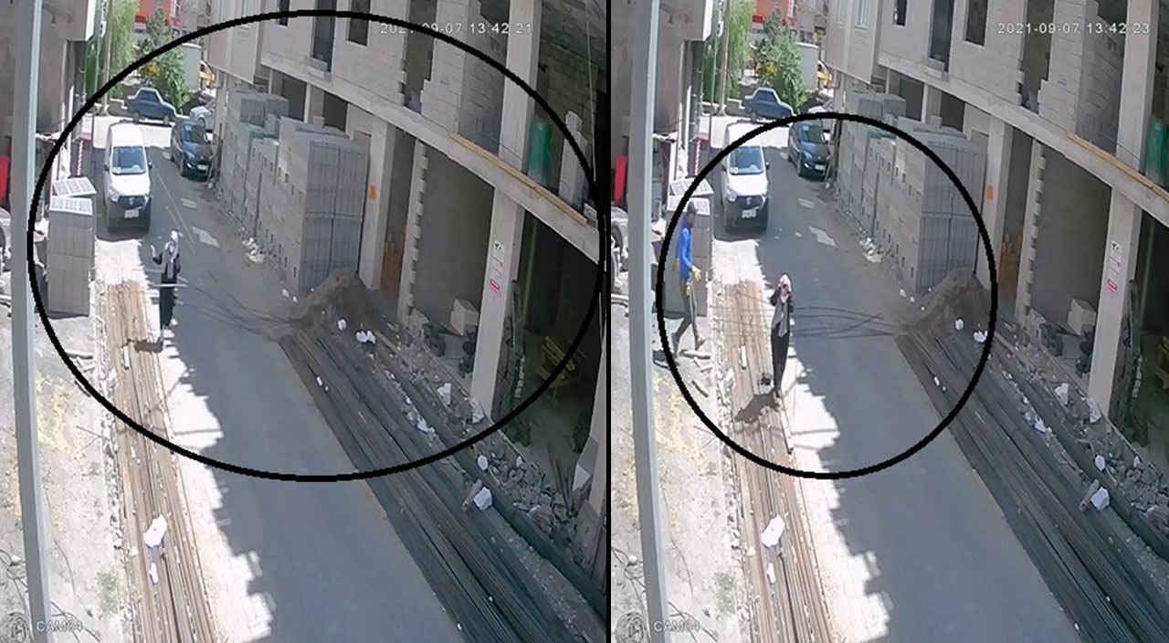 O anlar kamerada! Kafasına inşaat demirleri düşen kadın ölümden döndü