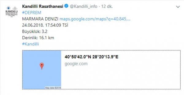 Marmara Denizi'nde deprem meydana geldi