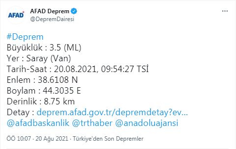 Van'da 3,5 büyüklüğünde deprem