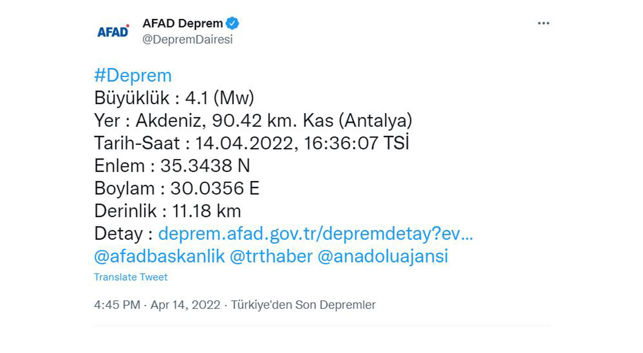 Antalya açıklarında 4,1 büyüklüğünde deprem