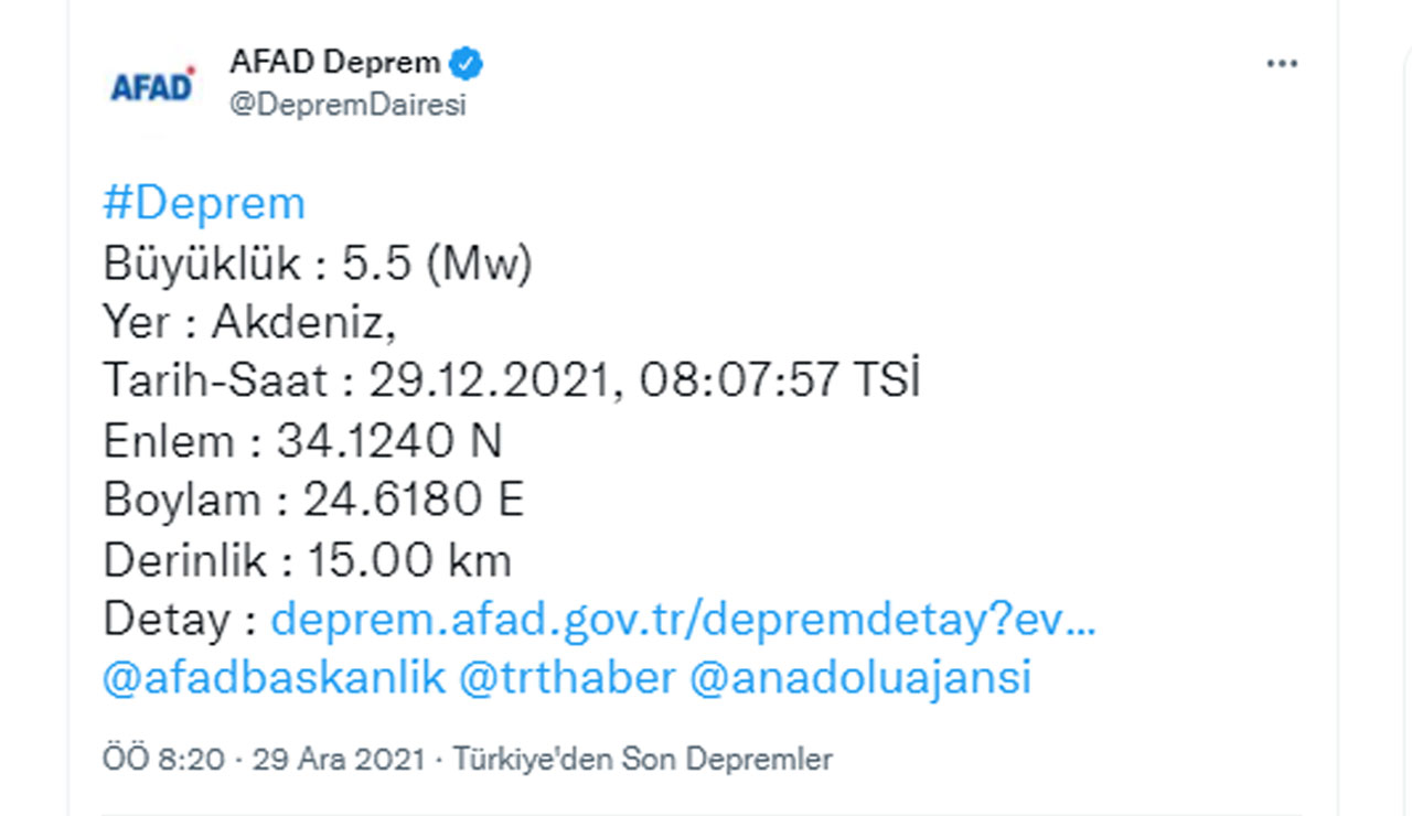 Son dakika: Akdeniz'de 5.5 büyüklüğünde deprem