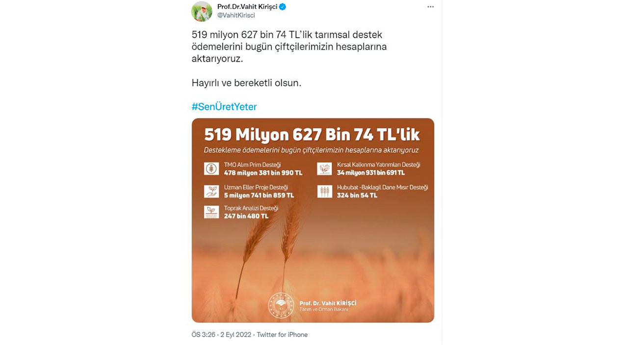 Bakan Kirişçi duyurdu! Tarımsal destek ödemeleri bugün hesaplarda