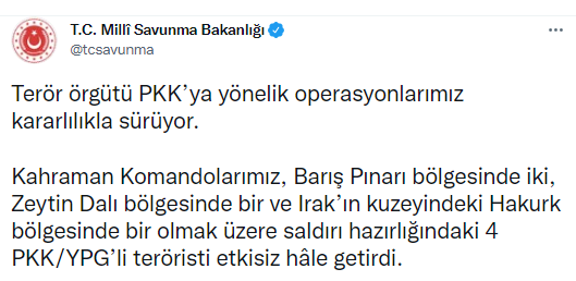 MSB: 4 terörist etkisiz hale getirildi