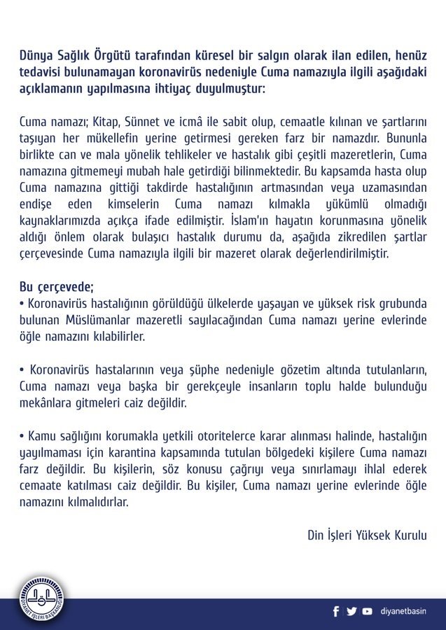 Din İşleri Yüksek Kurulu'ndan cuma namazı açıklaması