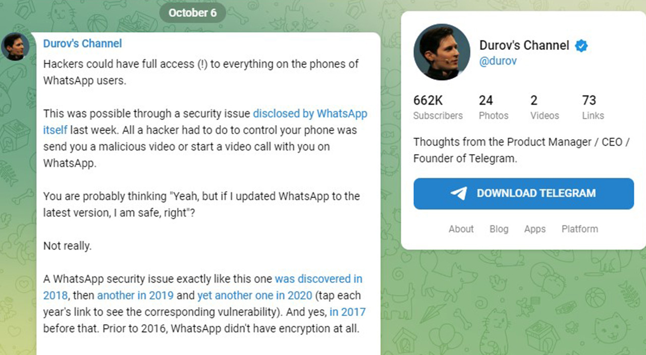 Telegram’ın kurucusundan WhatsApp uyarısı: ‘Hacklenebilirsiniz, uzak durun!’ Telegram’ın kurucusundan WhatsApp uyarısı: ‘Hacklenebilirsiniz, uzak durun!’