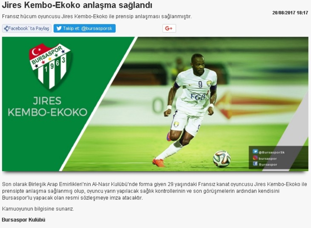 Bursaspor Ekoko’yu açıkladı