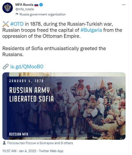 Rusya Dışişleri Bakanlığı’ndan küstah paylaşım: Tarihte bugün; 1878'de Rus askerleri Sofya'yı Osmanlı zulmünden kurtardı